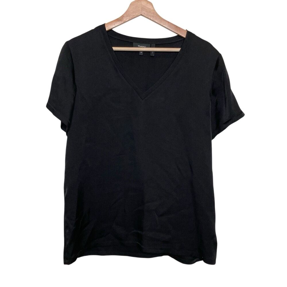 Theory Dayne WB Drapey Satin Silk Womens Medium Black V- Neck Short Sleeve